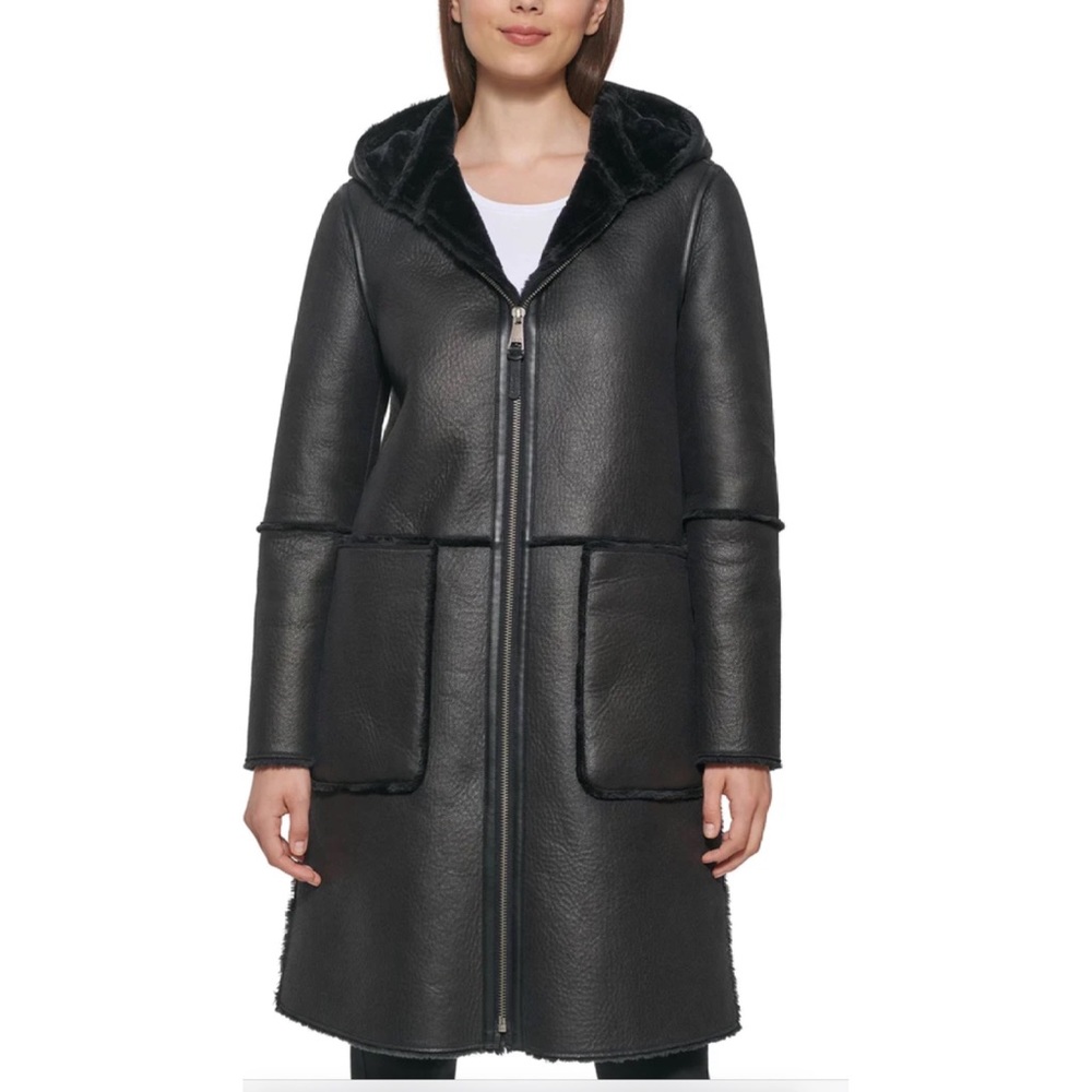 DKNY Faux Shearling Hooded Coat